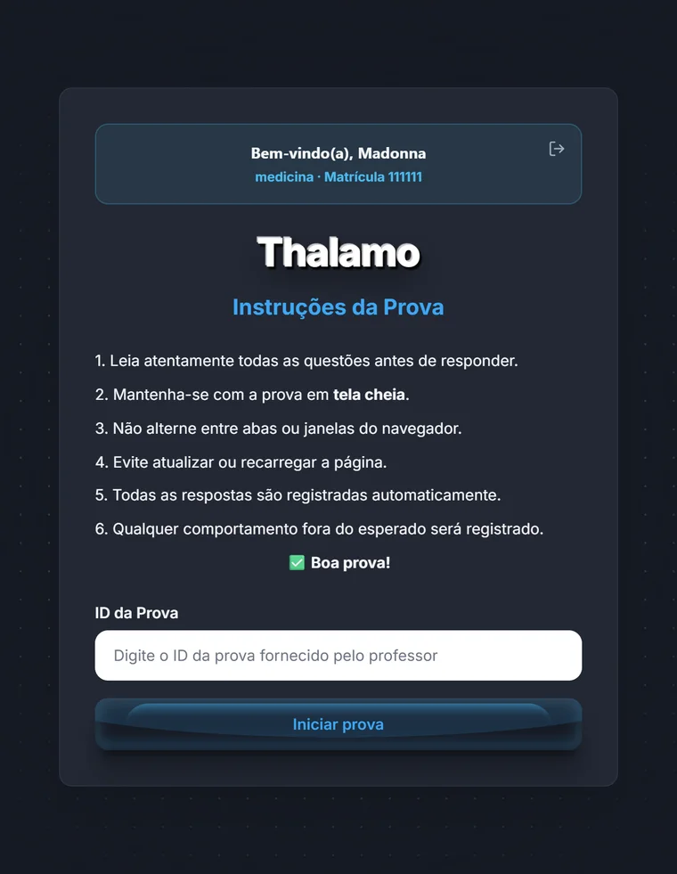 Tela de instruções que o aluno vê no tablet antes de iniciar a prova.